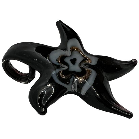 Black Murano-Style Glass Starfish Pendant | Handblown Art Glass Beach Statement - Picture 4 of 7